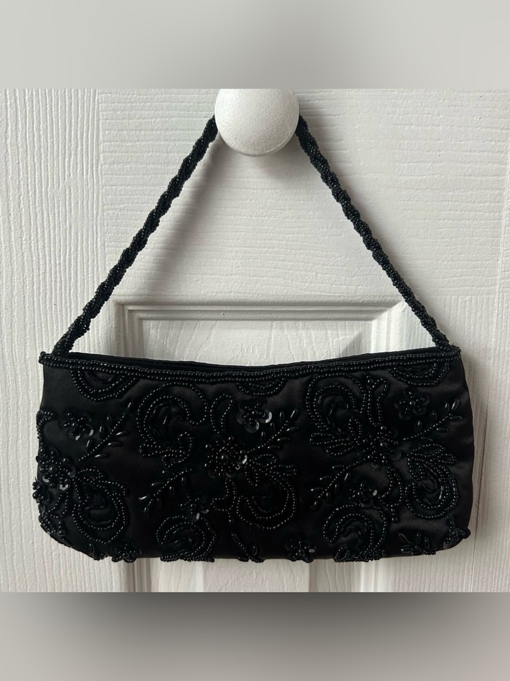 Vintage Jessica McClintock Black Beaded Satin Evening Bag Coquette